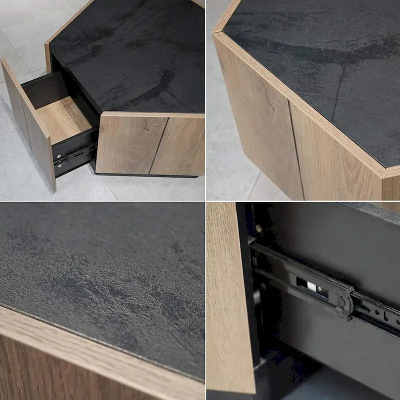 Tavolino esagonale in rovere chiaro con cassetti, 2 pz, per soggiorno