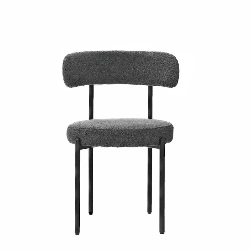Set di 2 sedie da pranzo moderne rotonde imbottite in Boucle, schienale curvo e gambe in metallo nero verniciato a spruzzo