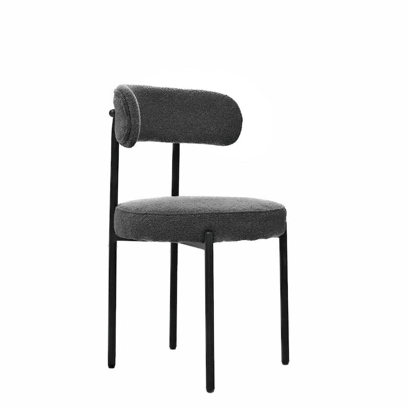 Set di 2 sedie da pranzo moderne rotonde imbottite in Boucle, schienale curvo e gambe in metallo nero verniciato a spruzzo