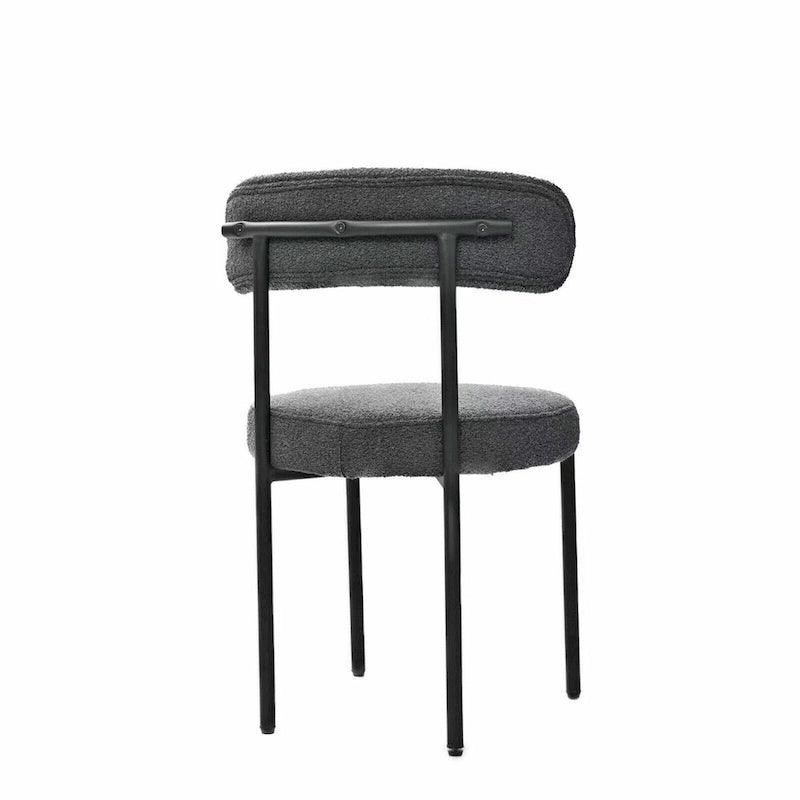 Set di 2 sedie da pranzo moderne rotonde imbottite in Boucle, schienale curvo e gambe in metallo nero verniciato a spruzzo