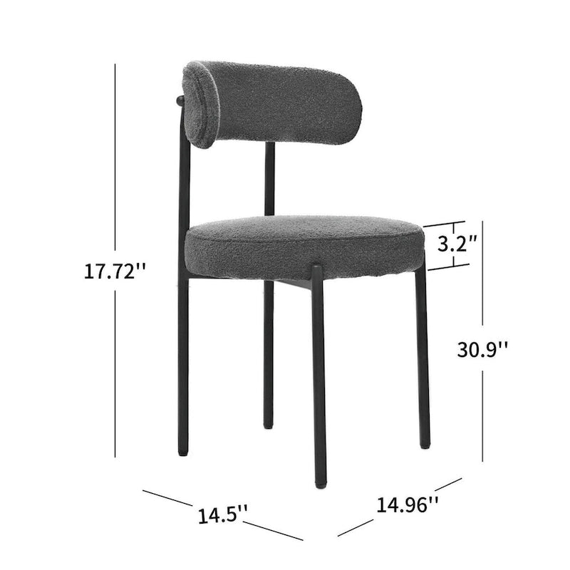 Set di 2 sedie da pranzo moderne rotonde imbottite in Boucle, schienale curvo e gambe in metallo nero verniciato a spruzzo