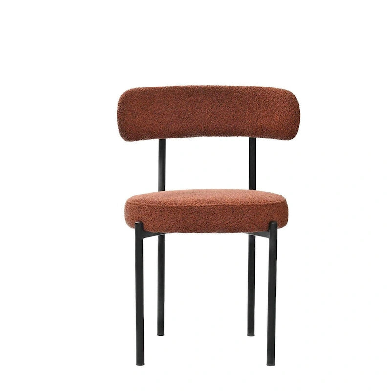 Set di 2 sedie da pranzo moderne rotonde imbottite in Boucle, schienale curvo e gambe in metallo nero verniciato a spruzzo