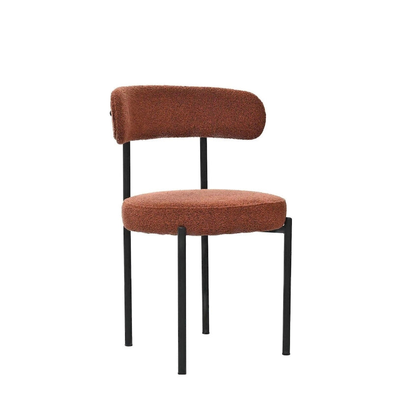 Set di 2 sedie da pranzo moderne rotonde imbottite in Boucle, schienale curvo e gambe in metallo nero verniciato a spruzzo
