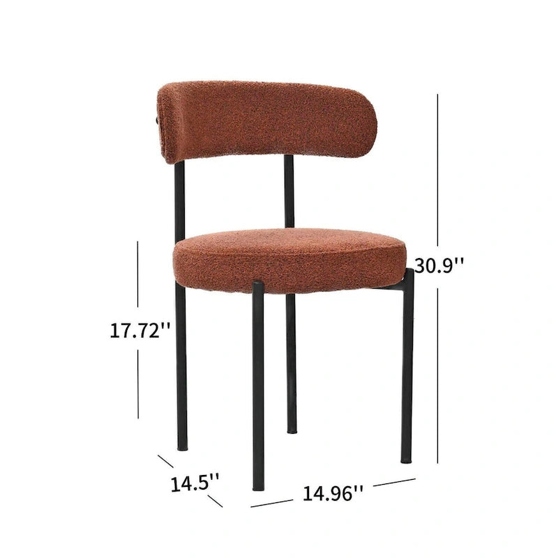 Set di 2 sedie da pranzo moderne rotonde imbottite in Boucle, schienale curvo e gambe in metallo nero verniciato a spruzzo