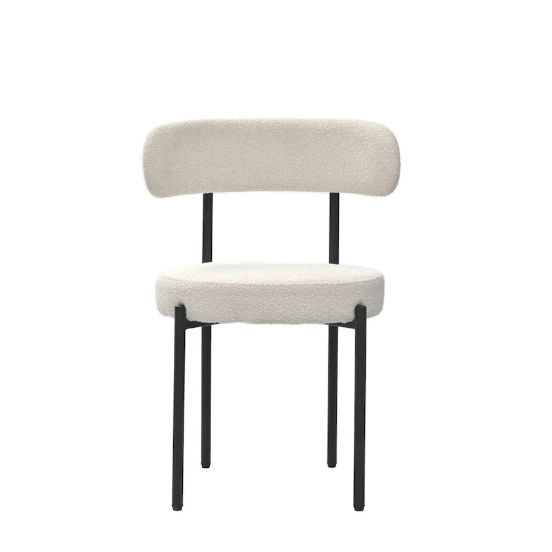 Set di 2 sedie da pranzo moderne rotonde imbottite in Boucle, schienale curvo e gambe in metallo nero verniciato a spruzzo