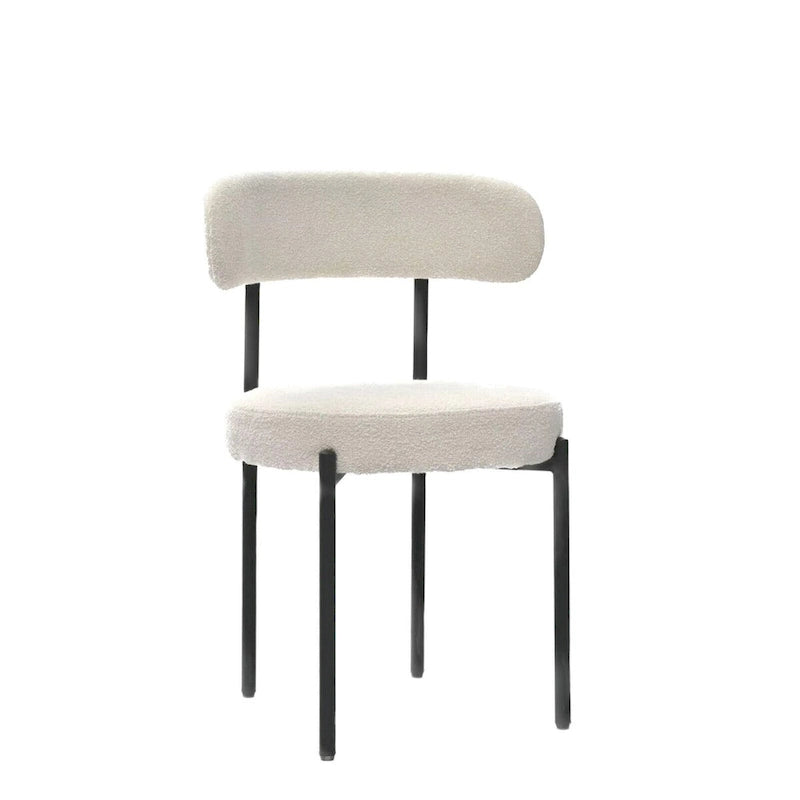 Set di 2 sedie da pranzo moderne rotonde imbottite in Boucle, schienale curvo e gambe in metallo nero verniciato a spruzzo
