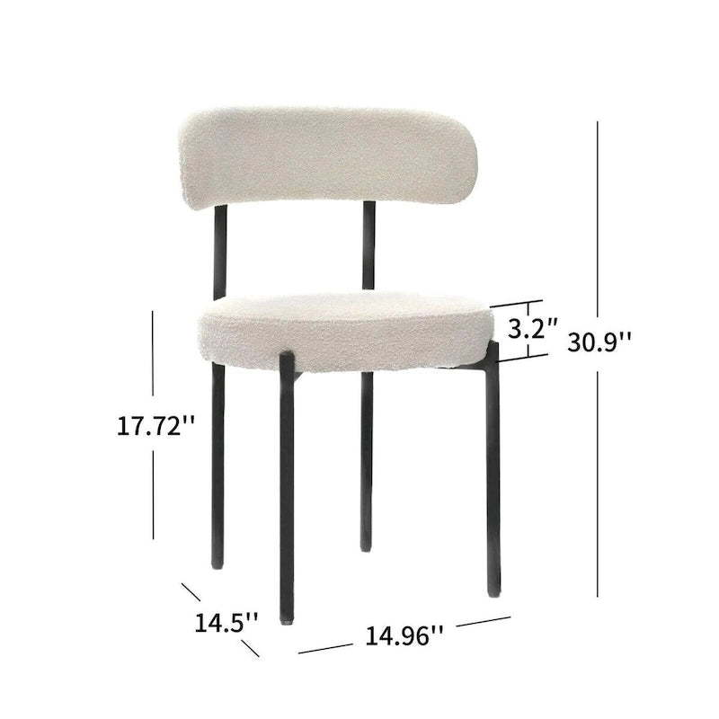 Set di 2 sedie da pranzo moderne rotonde imbottite in Boucle, schienale curvo e gambe in metallo nero verniciato a spruzzo