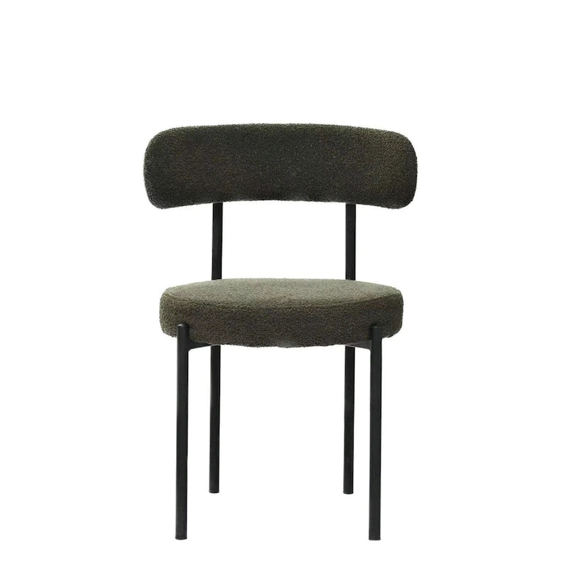 Set di 2 sedie da pranzo moderne rotonde imbottite in Boucle, schienale curvo e gambe in metallo nero verniciato a spruzzo