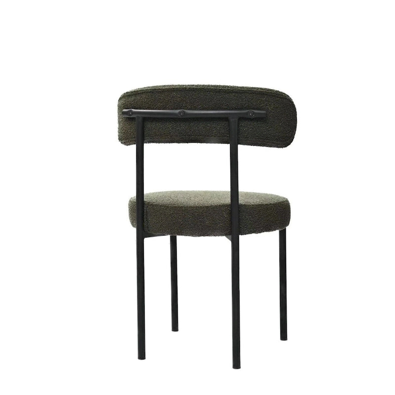 Set di 2 sedie da pranzo moderne rotonde imbottite in Boucle, schienale curvo e gambe in metallo nero verniciato a spruzzo