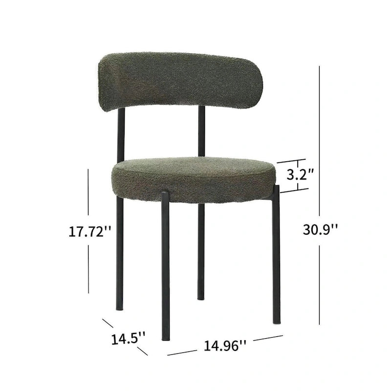 Set di 2 sedie da pranzo moderne rotonde imbottite in Boucle, schienale curvo e gambe in metallo nero verniciato a spruzzo