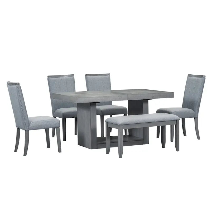 Set da Pranzo di 6 Pezzi con Tavolo Allungabile da 78 Pollici con Base a Piedistallo, Prolunga Rimovibile da 18 Pollici e Panca, 4 Sedie da Pranzo Imbottite