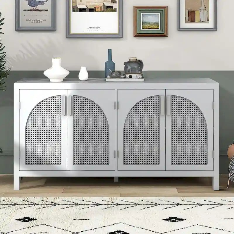 Madia in Stile Modern Farmhouse con Quattro Ante Decorate in Rattan Sintetico