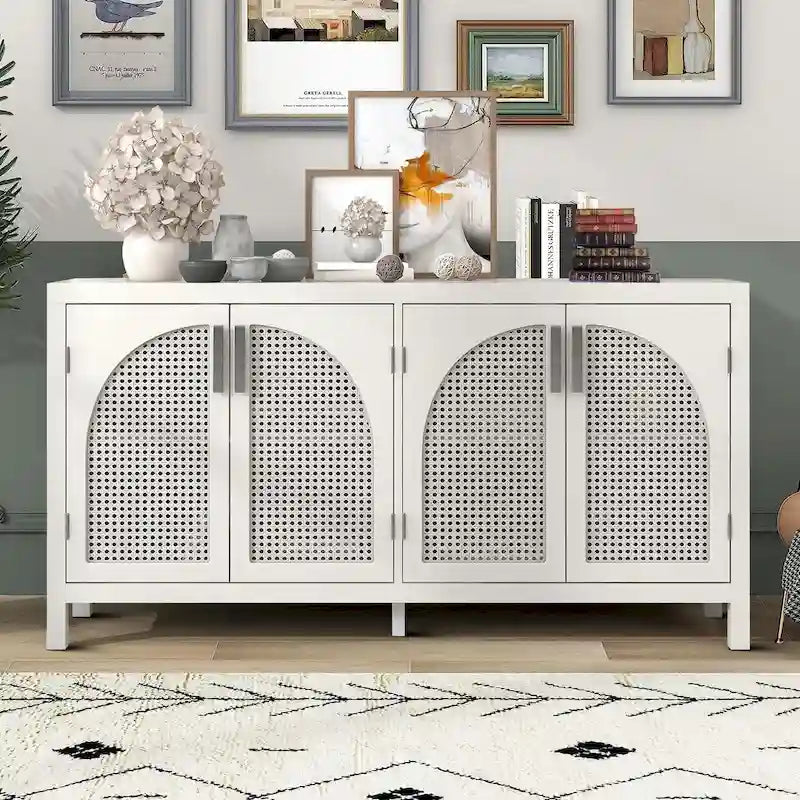 Madia in Stile Modern Farmhouse con Quattro Ante Decorate in Rattan Sintetico