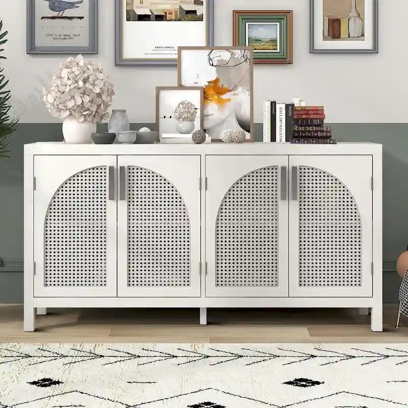 Madia in Stile Modern Farmhouse con Quattro Ante Decorate in Rattan Sintetico