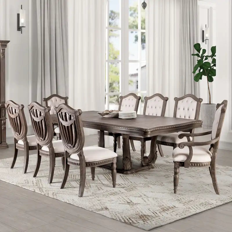 Set da Pranzo Espandibile Cassian in Legno Massello di Quercia Anticata a 9 Pezzi di Furniture of America