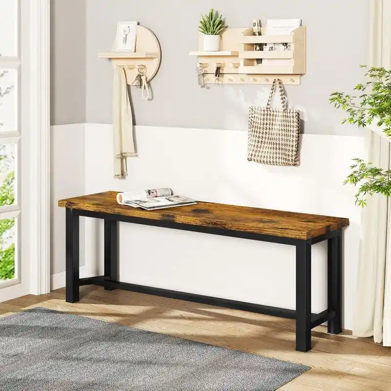 Grondin Panca da pranzo in stile industriale, set da 2 pezzi, set di 2 panche da pranzo in legno e acciaio, panche da ingresso durevoli e stabili