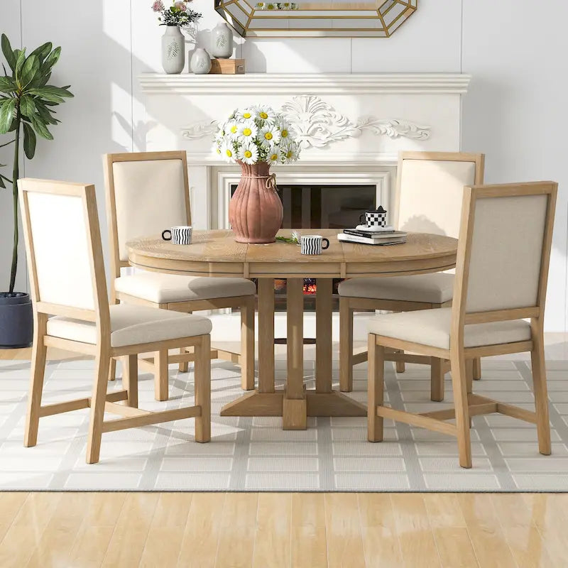 Set da pranzo da 5 pezzi con tavolo rotondo allungabile e 4 sedie imbottite, set da pranzo in stile rustico per cucina e sala da pranzo