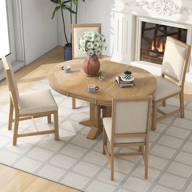Set da pranzo da 5 pezzi con tavolo rotondo allungabile e 4 sedie imbottite, set da pranzo in stile rustico per cucina e sala da pranzo