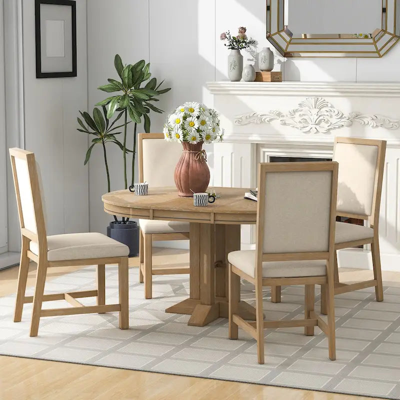 Set da pranzo da 5 pezzi con tavolo rotondo allungabile e 4 sedie imbottite, set da pranzo in stile rustico per cucina e sala da pranzo