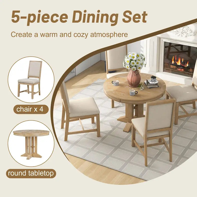 Set da pranzo da 5 pezzi con tavolo rotondo allungabile e 4 sedie imbottite, set da pranzo in stile rustico per cucina e sala da pranzo