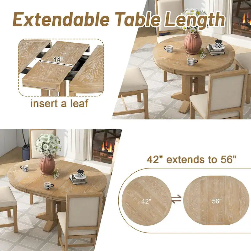 Set da pranzo da 5 pezzi con tavolo rotondo allungabile e 4 sedie imbottite, set da pranzo in stile rustico per cucina e sala da pranzo