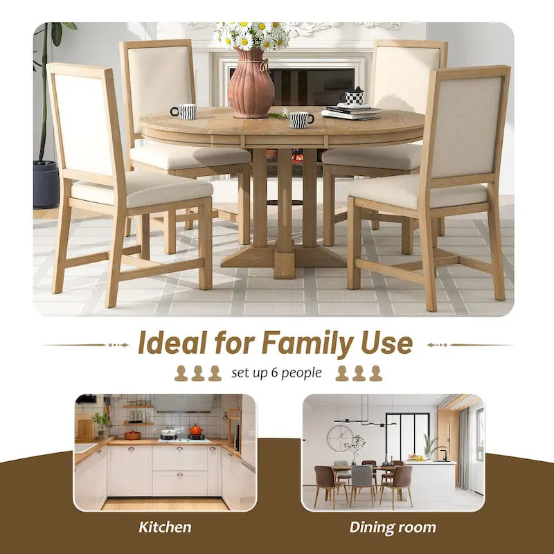 Set da pranzo da 5 pezzi con tavolo rotondo allungabile e 4 sedie imbottite, set da pranzo in stile rustico per cucina e sala da pranzo