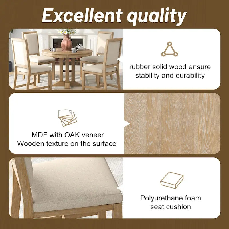 Set da pranzo da 5 pezzi con tavolo rotondo allungabile e 4 sedie imbottite, set da pranzo in stile rustico per cucina e sala da pranzo