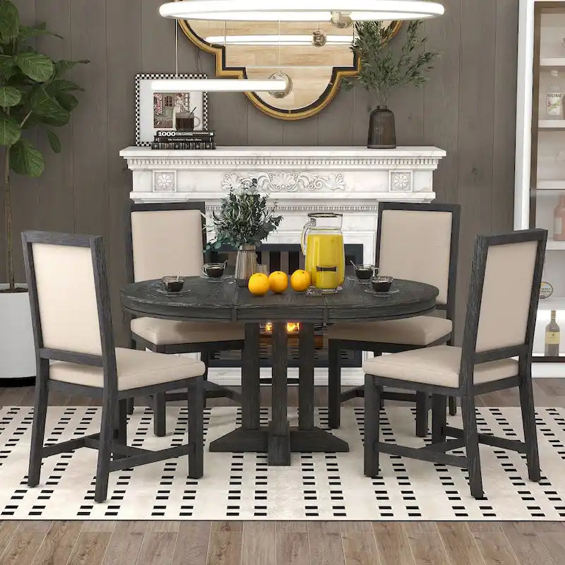 Set da pranzo da 5 pezzi con tavolo rotondo allungabile e 4 sedie imbottite, set da pranzo in stile rustico per cucina e sala da pranzo