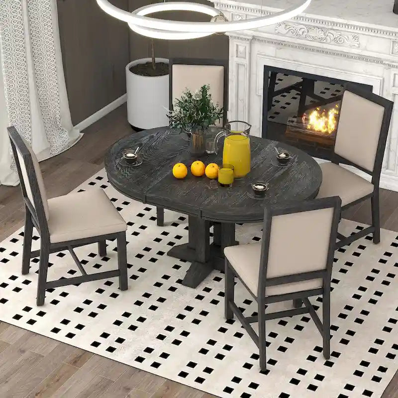 Set da pranzo da 5 pezzi con tavolo rotondo allungabile e 4 sedie imbottite, set da pranzo in stile rustico per cucina e sala da pranzo