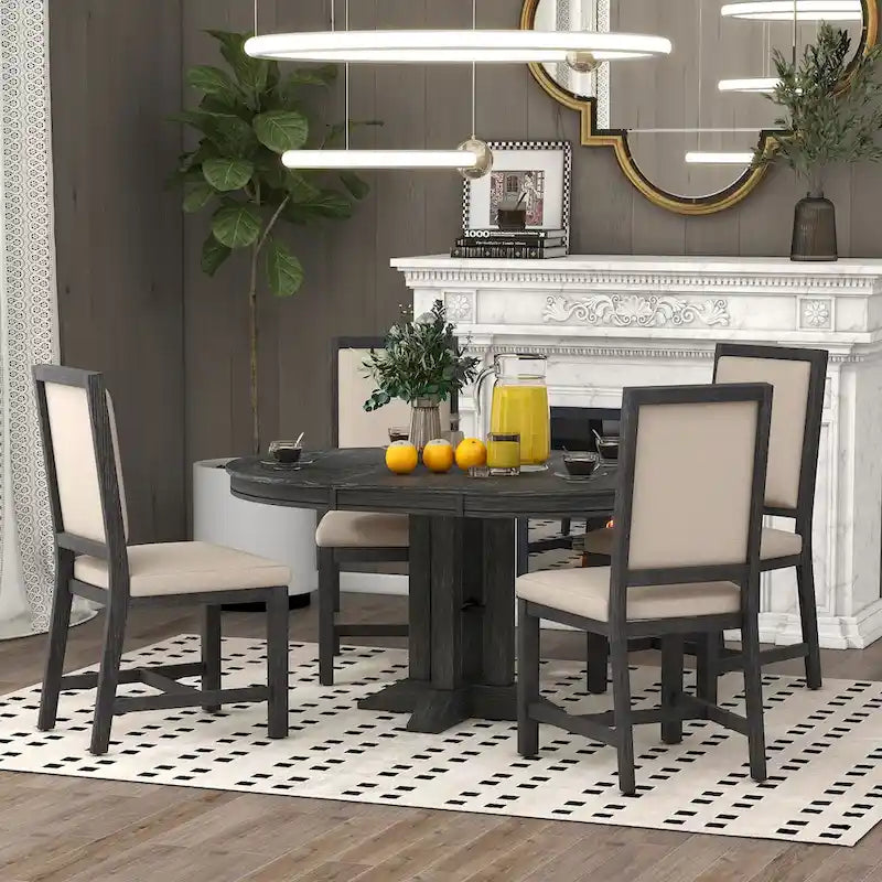 Set da pranzo da 5 pezzi con tavolo rotondo allungabile e 4 sedie imbottite, set da pranzo in stile rustico per cucina e sala da pranzo