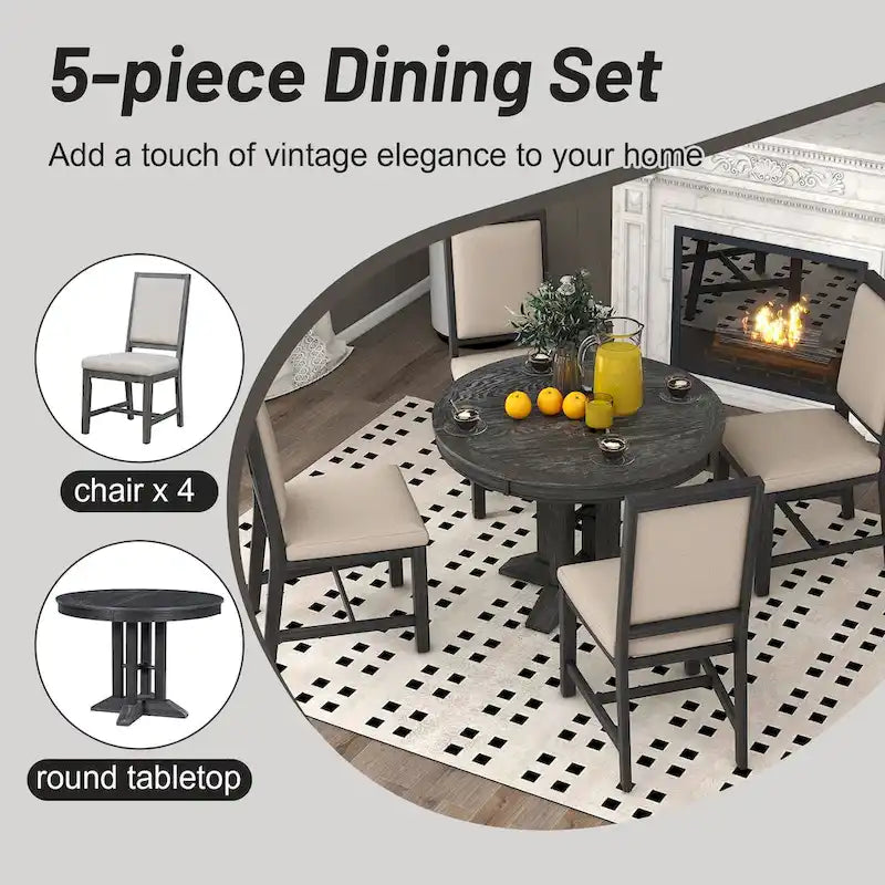 Set da pranzo da 5 pezzi con tavolo rotondo allungabile e 4 sedie imbottite, set da pranzo in stile rustico per cucina e sala da pranzo