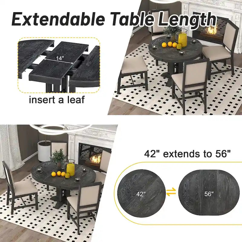 Set da pranzo da 5 pezzi con tavolo rotondo allungabile e 4 sedie imbottite, set da pranzo in stile rustico per cucina e sala da pranzo