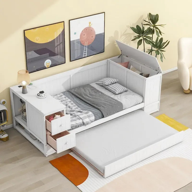 Letto a Giorno Singolo con Letto Estraibile, Braccioli Contenitore, Stazione di Ricarica, Divano Letto con Struttura in Legno, per Soggiorno, Camera da Letto, Camera degli Ospiti