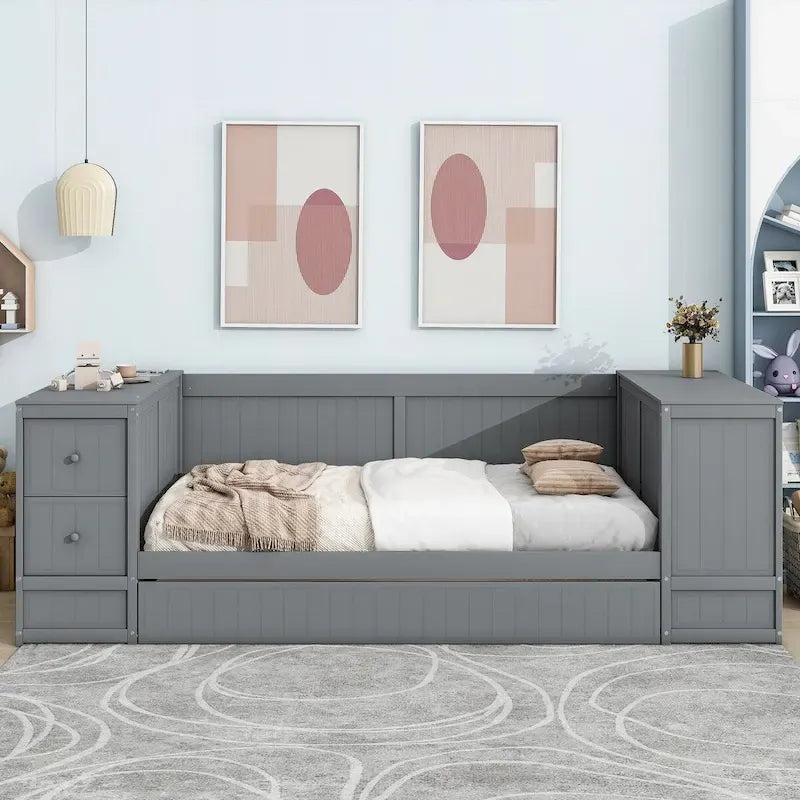 Letto a Giorno Singolo con Letto Estraibile, Braccioli Contenitore, Stazione di Ricarica, Divano Letto con Struttura in Legno, per Soggiorno, Camera da Letto, Camera degli Ospiti