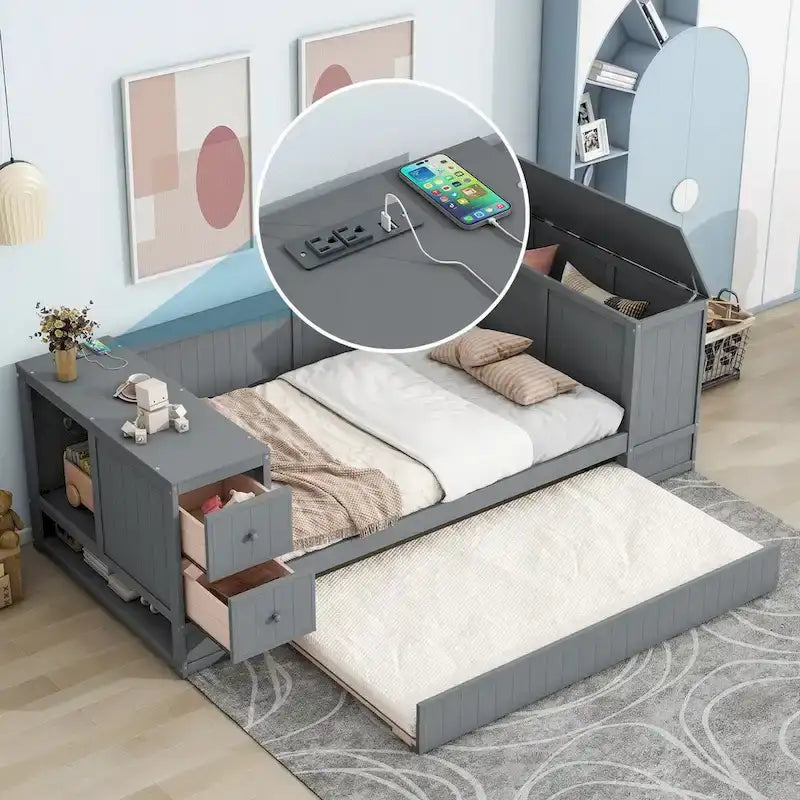 Letto a Giorno Singolo con Letto Estraibile, Braccioli Contenitore, Stazione di Ricarica, Divano Letto con Struttura in Legno, per Soggiorno, Camera da Letto, Camera degli Ospiti