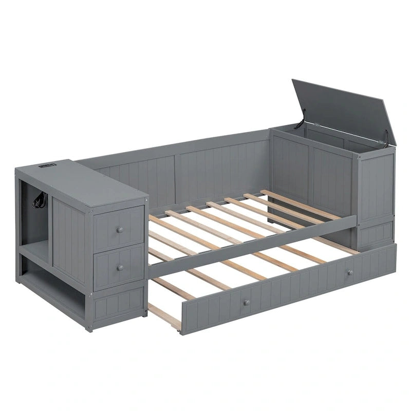 Letto a Giorno Singolo con Letto Estraibile, Braccioli Contenitore, Stazione di Ricarica, Divano Letto con Struttura in Legno, per Soggiorno, Camera da Letto, Camera degli Ospiti