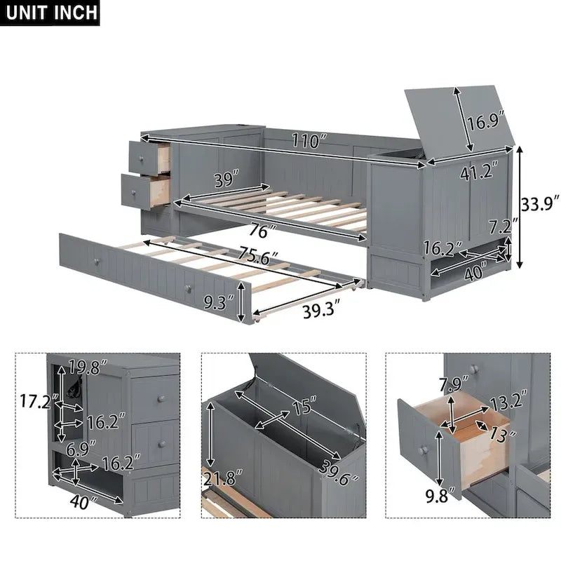 Letto a Giorno Singolo con Letto Estraibile, Braccioli Contenitore, Stazione di Ricarica, Divano Letto con Struttura in Legno, per Soggiorno, Camera da Letto, Camera degli Ospiti