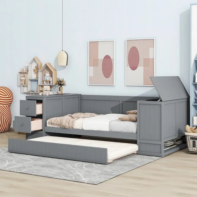 Letto a Giorno Singolo con Letto Estraibile, Braccioli Contenitore, Stazione di Ricarica, Divano Letto con Struttura in Legno, per Soggiorno, Camera da Letto, Camera degli Ospiti