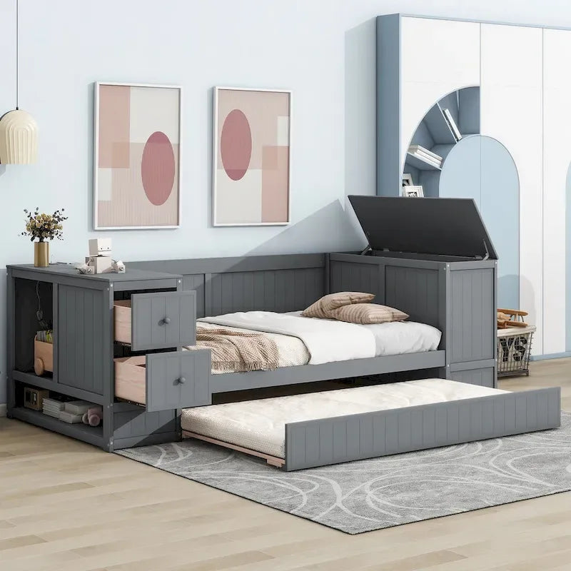 Letto a Giorno Singolo con Letto Estraibile, Braccioli Contenitore, Stazione di Ricarica, Divano Letto con Struttura in Legno, per Soggiorno, Camera da Letto, Camera degli Ospiti