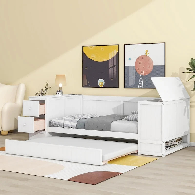 Letto a Giorno Singolo con Letto Estraibile, Braccioli Contenitore, Stazione di Ricarica, Divano Letto con Struttura in Legno, per Soggiorno, Camera da Letto, Camera degli Ospiti