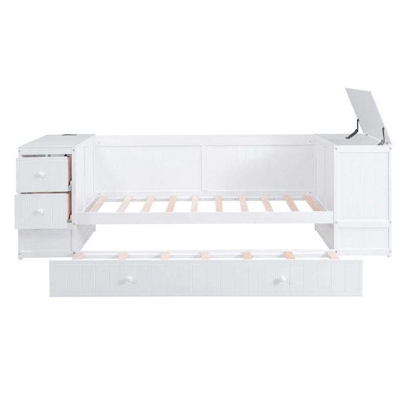 Letto a Giorno Singolo con Letto Estraibile, Braccioli Contenitore, Stazione di Ricarica, Divano Letto con Struttura in Legno, per Soggiorno, Camera da Letto, Camera degli Ospiti