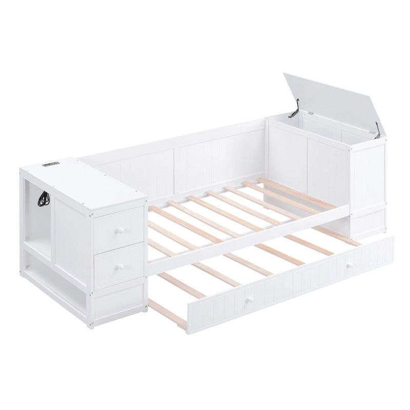Letto a Giorno Singolo con Letto Estraibile, Braccioli Contenitore, Stazione di Ricarica, Divano Letto con Struttura in Legno, per Soggiorno, Camera da Letto, Camera degli Ospiti