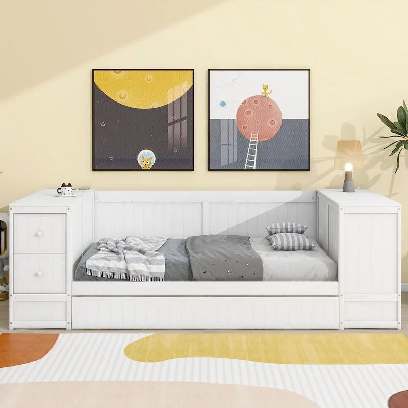 Letto a Giorno Singolo con Letto Estraibile, Braccioli Contenitore, Stazione di Ricarica, Divano Letto con Struttura in Legno, per Soggiorno, Camera da Letto, Camera degli Ospiti