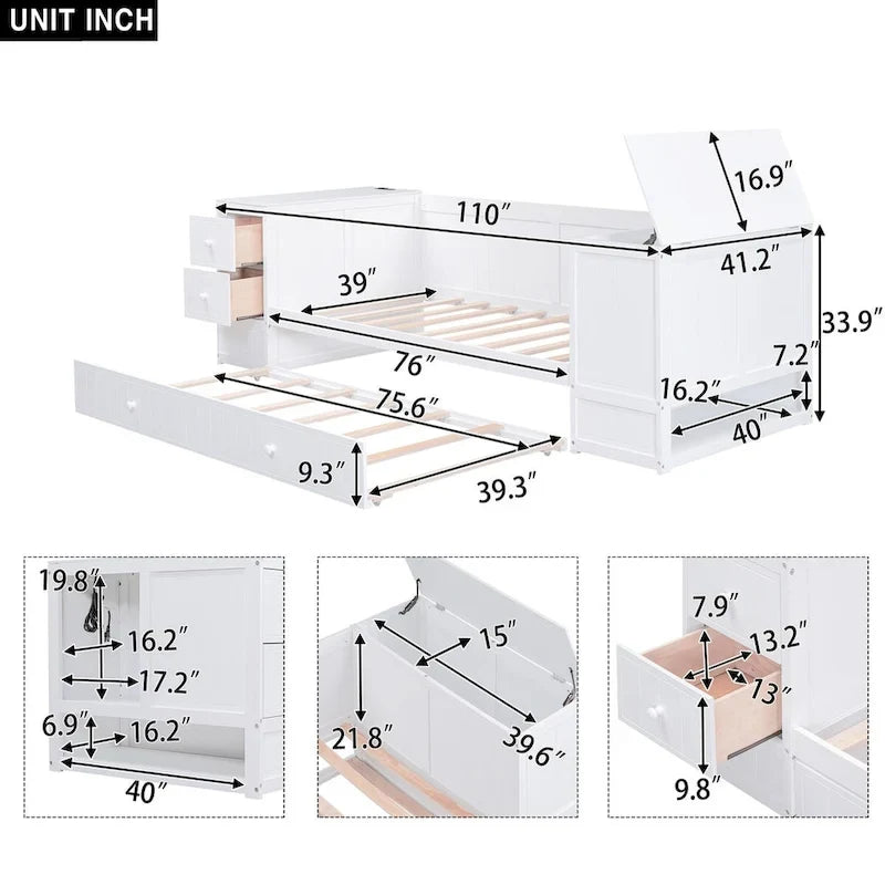 Letto a Giorno Singolo con Letto Estraibile, Braccioli Contenitore, Stazione di Ricarica, Divano Letto con Struttura in Legno, per Soggiorno, Camera da Letto, Camera degli Ospiti