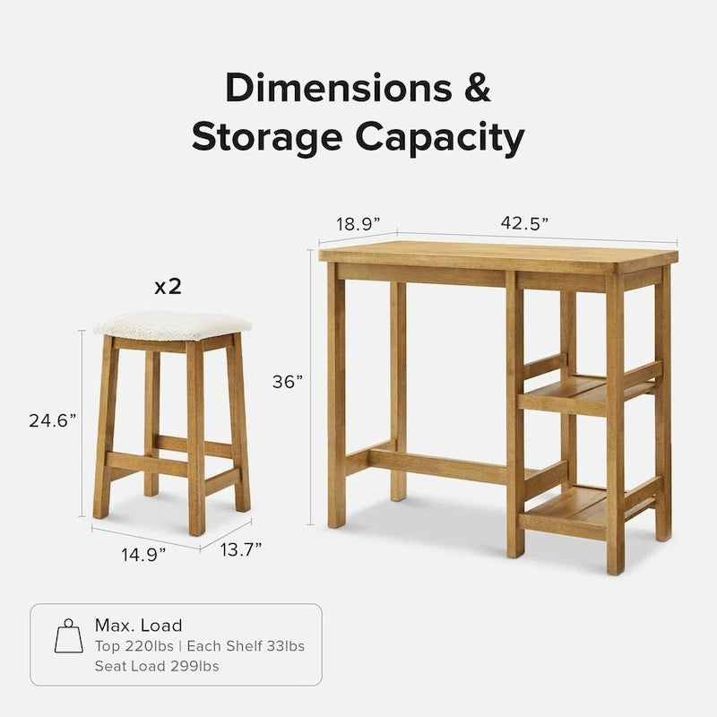 Set da tavolo da bancone in legno massiccio Mopio Kelly con 2 sgabelli Boucle, set da pranzo da 3 pezzi, isola da cucina piccola con ripiani di stoccaggio