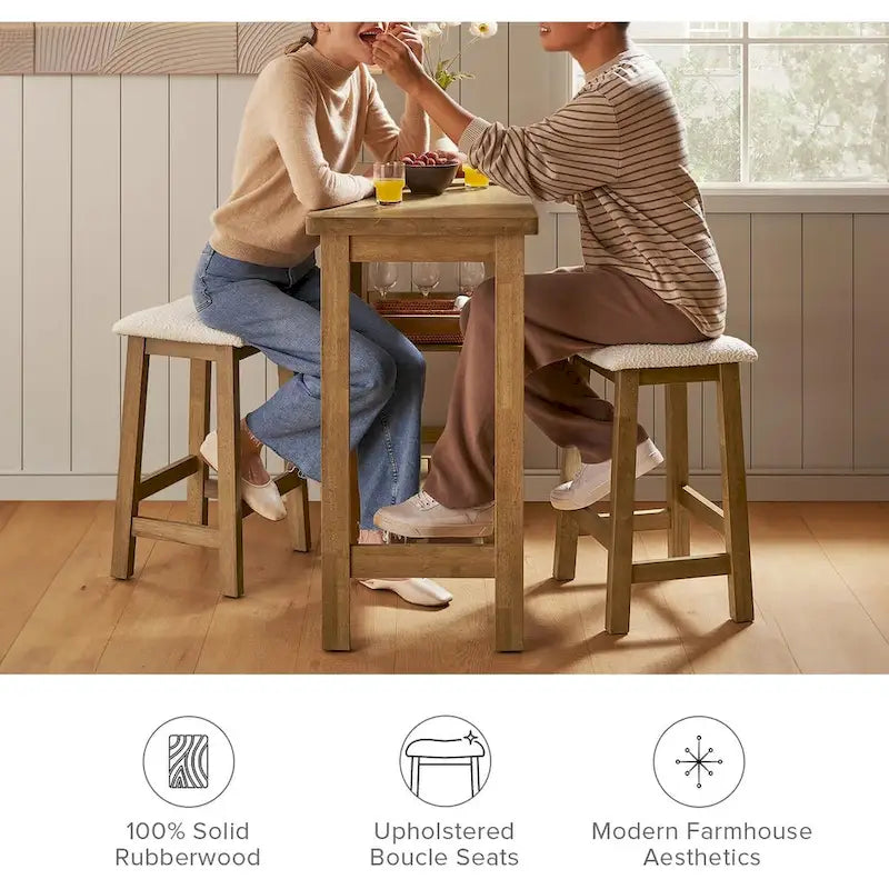 Set da tavolo da bancone in legno massiccio Mopio Kelly con 2 sgabelli Boucle, set da pranzo da 3 pezzi, isola da cucina piccola con ripiani di stoccaggio