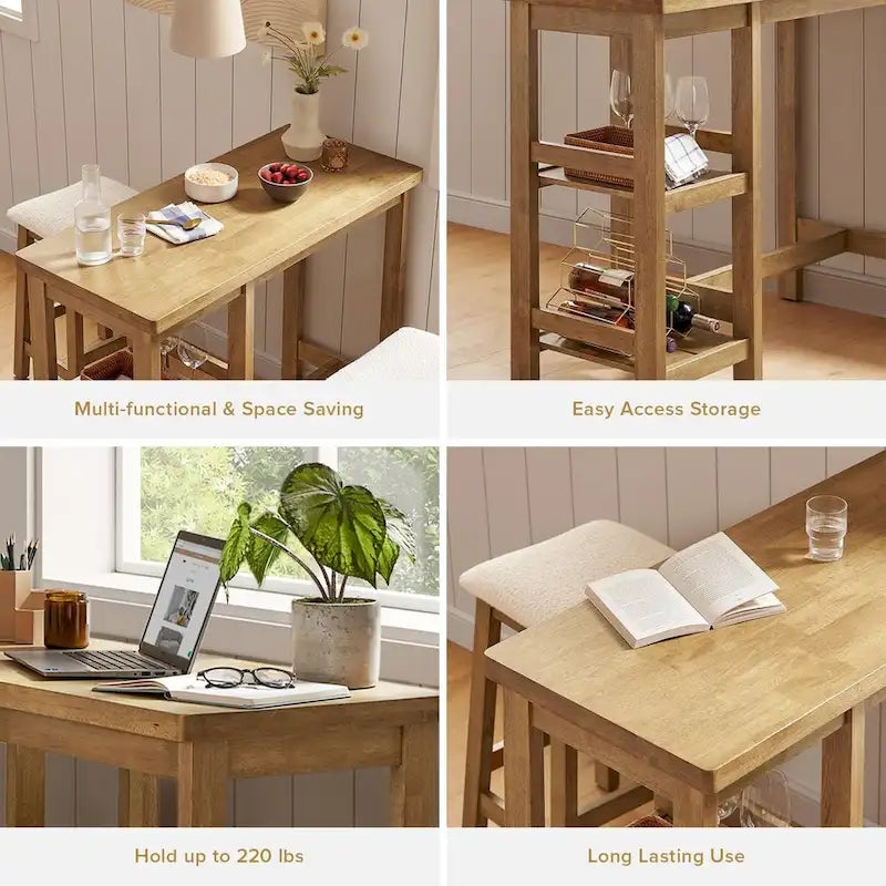 Set da tavolo da bancone in legno massiccio Mopio Kelly con 2 sgabelli Boucle, set da pranzo da 3 pezzi, isola da cucina piccola con ripiani di stoccaggio