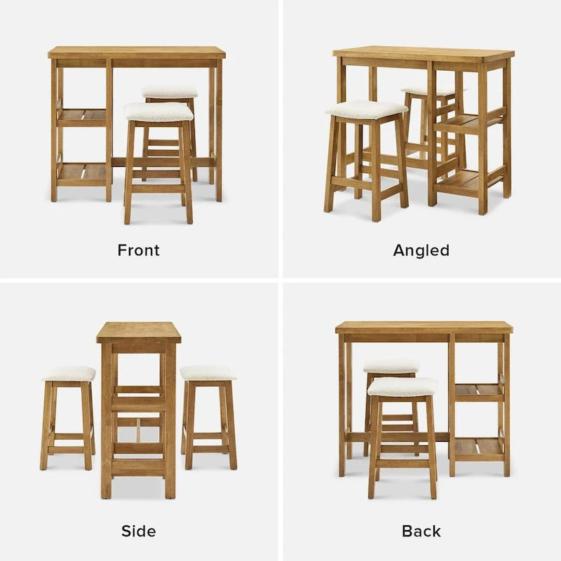 Set da tavolo da bancone in legno massiccio Mopio Kelly con 2 sgabelli Boucle, set da pranzo da 3 pezzi, isola da cucina piccola con ripiani di stoccaggio