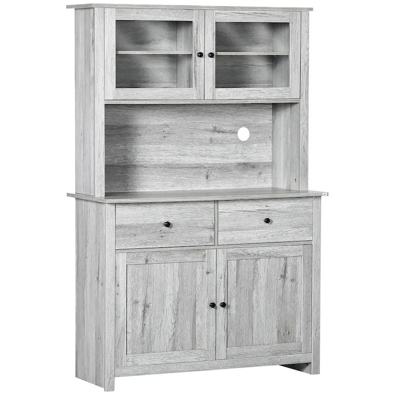 Credenza da cucina con vetrinetta, mobile dispensa con 4 ripiani, cassetti, ante in vetro con telaio, piano di lavoro aperto per microonde