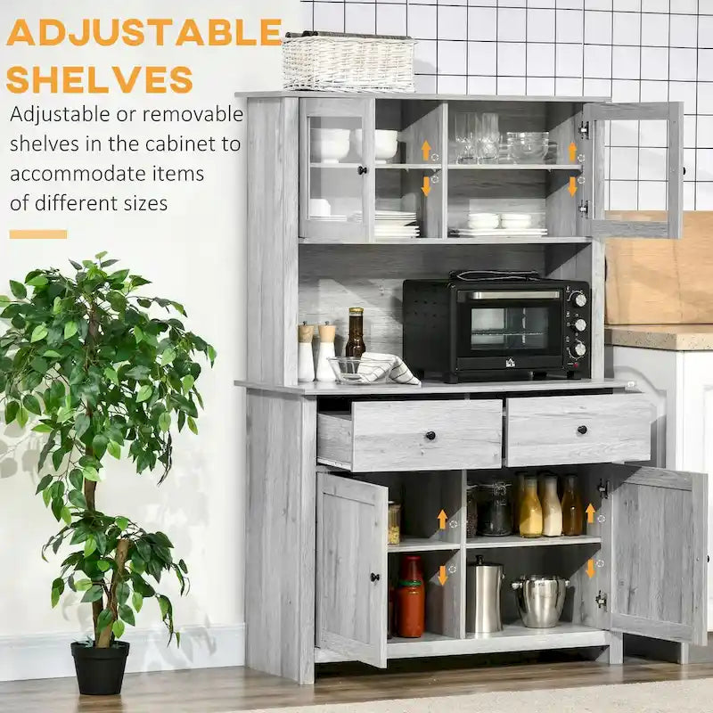 Credenza da cucina con vetrinetta, mobile dispensa con 4 ripiani, cassetti, ante in vetro con telaio, piano di lavoro aperto per microonde